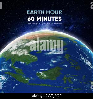 Poster della campagna Earth Hour Asia. Pianeta Terra nello spazio. Spegnete le luci. Il cambiamento climatico e salvare la Terra. Foto Stock