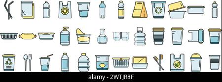 Le icone in plastica biodegradabile impostano il vettore del contorno. Sacchetto della spazzatura. Contenitore a cestello con linea sottile, piatto e isolato Illustrazione Vettoriale