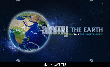 Pubblicità banner campagna Save the Earth. Pianeta Terra nello spazio. Spegnete le luci. Il cambiamento climatico e salvare la Terra. Foto Stock