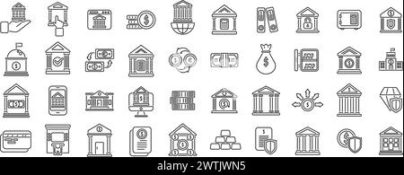 Le icone della banca centrale impostano il vettore di contorno. Edificio di business House. Gestione del denaro Illustrazione Vettoriale