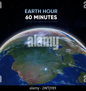 Campagna poster Earth Hour 60 minuti. Pianeta Terra nello spazio. Spegnete le luci. Il cambiamento climatico e salvare la Terra. Foto Stock