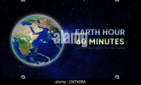 Campagna banner Earth Hour. Pianeta Terra nello spazio. Spegnete le luci. Il cambiamento climatico e salvare la Terra. Foto Stock
