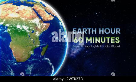 Campagna banner Earth Hour. Pianeta Terra nello spazio. Spegnete le luci. Il cambiamento climatico e salvare la Terra Foto Stock