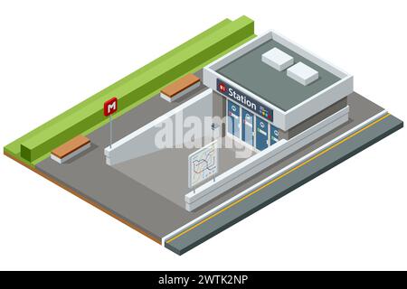 Ingresso isometrico alla metropolitana isolato su bianco. Veicoli progettati per trasportare un gran numero di passeggeri. Esterno della stazione della metropolitana. Metropolitana Illustrazione Vettoriale