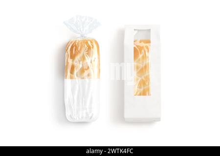 Pane bianco in cellophane bianco trasparente e mockup in carta, rendering 3d. Involucro vuoto per una fresca mock-up del supermercato, isolato, vista dall'alto. Foto Stock