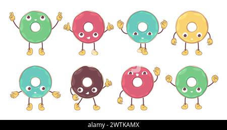 Mascotte di ciambelle cartoni animati. Simpatici personaggi di pasticceria con emozioni diverse, emoticon comiche di ciambelle con volti diversi. Set isolato vettoriale Illustrazione Vettoriale