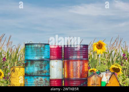 Contenitori e botti di stoccaggio con pesticidi davanti a un campo agricolo con girasoli in fiore Foto Stock