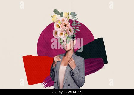 Immagine di schizzo grafica di tendenza composita collage fotografico di una tuta di moda giovane donna indossare occhiali da sole con bouquet di rose regalo per il giorno della donna Foto Stock