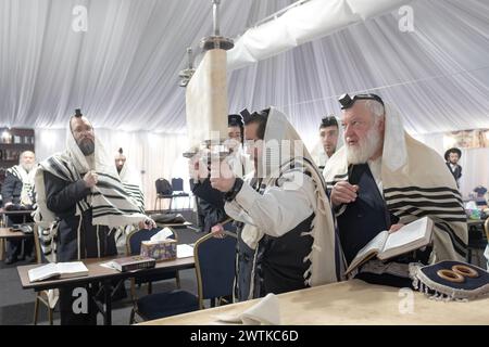 Dopo una lettura viene sollevata una Torah e tutti coloro che guardano le lettere sono benedetti. In una sinagoga a Monsey, New York. Foto Stock