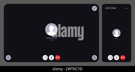 Interfaccia utente videochiamata. Interfaccia di conversazione in chat per riunioni online, app per conferenze Web con videochiamata e chiamata vocale. Modello di mockup vettoriale Illustrazione Vettoriale