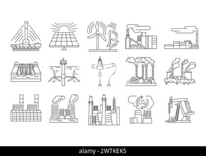 Set di icone delle linee di colore delle fonti di energia alternative. Elemento isolato vettoriale. Traccia modificabile. Illustrazione Vettoriale