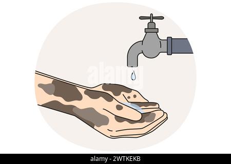 Primo piano della persona con le mani sporche aspetta l'acqua dal rubinetto. Aspettandosi acqua pulita dal rubinetto nelle regioni povere che soffrono. Concetto di siccità. Illustrazione vettoriale. Illustrazione Vettoriale