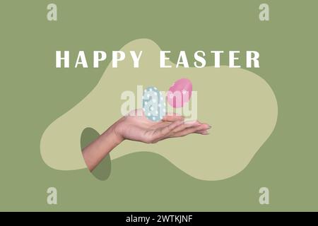 Collage di tendenza creativo di Hand Hold Eggs Promo shopping Happy easter Concept fumetti fantasia insoliti per cartelloni pubblicitari Foto Stock