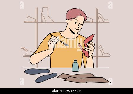 Uomo calzolaio che tiene le scarpe da donna sedute a tavola, riparando o realizzando calzature fatte a mano. Il calzolaio professionista maschile realizza articoli da guardaroba in vera pelle, situati in officina Illustrazione Vettoriale