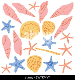 Molluschi di mare, conchiglie di mare e stelle marine. Un insieme di abitanti del mondo sottomarino per la stanza dei bambini. Raccolta di illustrazioni vettoriali Illustrazione Vettoriale