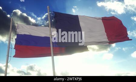 Bandiera di Francia e Russia sul palo. Francia e Russia sventolano bandiera nel vento. Concetto diplomatico di Francia e Russia. illustrazione 3d. Foto Stock