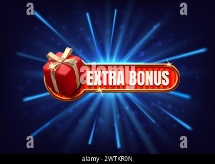 Icona bonus. Etichetta del premio omaggio, pulsante di sconto speciale o adesivo dell'offerta di vendita extra, prodotto in denaro. casella e testo a capo 3d. Promozione di marketing. Sconti e sconti. Banner pubblicitari vettoriali Illustrazione Vettoriale