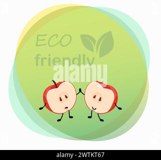 Carattere Apple. Frutta biologica. Etichetta cerchio. Mascotte di cibo cartoni animati con faccia felice. Prodotto fresco e succoso. Eco-compatibile. Nutrizione vitaminica naturale. Ingrediente vegetariano sano. Design dell'adesivo vettoriale Illustrazione Vettoriale