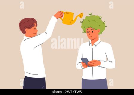 Man Manager si prende cura dei dipendenti utilizza la lattina per annaffiare come metafora per investire nel personale aziendale Illustrazione Vettoriale