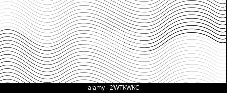 Sfondo geometrico astratto con struttura della superficie acquosa monocromatica. Illustrazione vettoriale di linee curve diagonali. Linee ondulate nere che vanno dal sottile Illustrazione Vettoriale