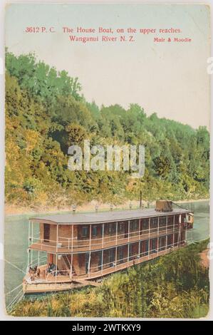 La House Boat sul tratto superiore, il fiume Wanganui, cartoline fotografiche della nuova Zelanda Foto Stock