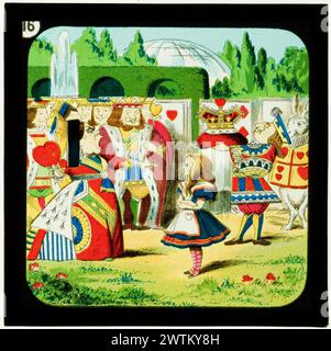 Alice nel Paese delle meraviglie (parte 2), festa del tè pazzo: Alice faccia a faccia con le lanterne della Regina dei cuori, scivoli colorati Foto Stock