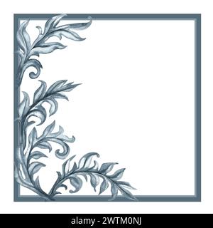 Cornice grigia monocromatica ad acquerello di motivi vegetali astratti e rami con foglie per bordi, cornici, sfondo, tessuti, tessuti, carte, bastone Foto Stock