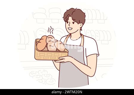 Man panettiere contiene un vassoio di pane caldo preparato per i clienti del negozio di famiglia o grande supermercato. Guy in grembiule lavora in bancarelle da forno con baguette appena sfornate. Illustrazione del vettore piatto Illustrazione Vettoriale