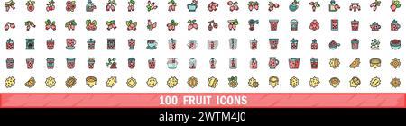 set di 100 icone frutta. Linea di colore con icone vettoriali frutta linea sottile colore piatto su bianco Illustrazione Vettoriale