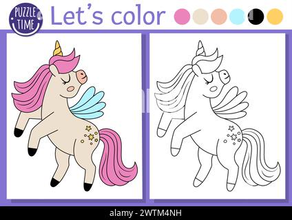 Pagina da colorare per bambini con simpatico unicorno con ali. Illustrazione del profilo delle fiabe vettoriali. Libro di colori fantasia per bambini con esempio colorato. Magi Illustrazione Vettoriale