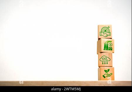 Green Life società membri della comunità sostenibilità, concetto di responsabilità ambientale. Obiettivo di cooperazione per il successo, tassa sul carbonio, riduzione delle emissioni di CO2, Foto Stock