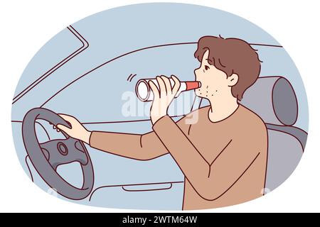 L'uomo irresponsabile beve alcol dalla macchina che guida le bottiglie rischiando la vita dei pedoni. Guy driver beve birra e non usa la cintura di sicurezza sterzo veicolo che viola le regole della strada. Disegno vettoriale piatto Illustrazione Vettoriale