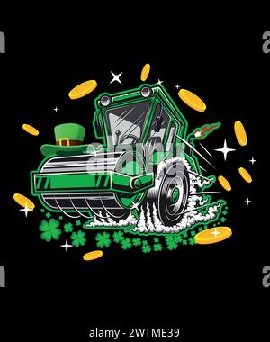 T shirt per il giorno di San Patrizio per gli amanti del Road roller. Raccordo a T rullo per strada. Illustrazione Vettoriale