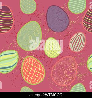 Uova di Pasqua con motivi ornamentali senza cuciture. Schema della linea vettoriale con uova di Pasqua su sfondo blu. Concetto di buona Pasqua. Motivo senza cuciture. Illustrazione Vettoriale