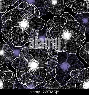 Pattern Seamless Vector anemoni Graphic White Flowers Pattern anemoni vettoriali Spring Flowers. Lilla e bianca con disegni in linea su sfondo nero. Illustrazione Vettoriale