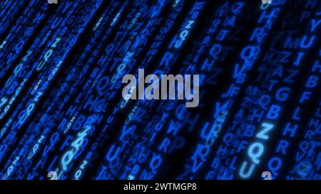 Lettere blu astratte su sfondo nero. Sicurezza delle informazioni. illustrazione di rendering 3d. Foto Stock