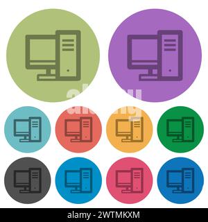 Il computer desktop delinea icone piatte più scure su sfondo rotondo a colori Illustrazione Vettoriale
