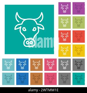 La testa della mucca presenta icone piatte multicolore su sfondi quadrati. Sono incluse variazioni di icone bianche e più scure per gli effetti attivi o al passaggio del mouse. Illustrazione Vettoriale