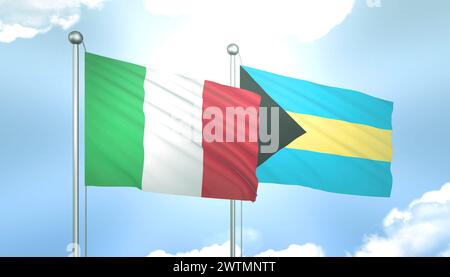 Bandiera 3D d'Italia e Bahamas sul cielo blu con sole splendente Foto Stock