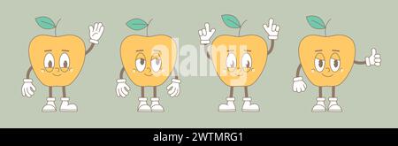 Personaggi cartoni animati retrò. Moderna e simpatica mascotte comica di mele con un sorriso felice, mani e piume. Frutta attiva carina. Illustrazione Vettoriale