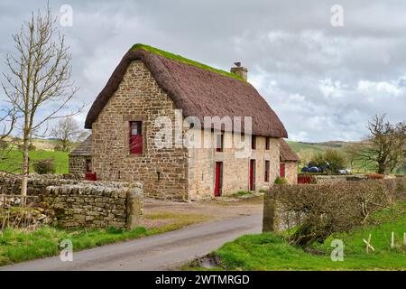 Cottage con tetto in paglia Northumberland heather Foto Stock