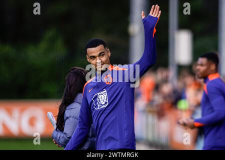 Zeist, Paesi Bassi. 18 marzo 2024. ZEIST, PAESI BASSI - 18 MARZO: Cody Gakpo dei Paesi Bassi sventolò durante la sessione di allenamento della nazionale olandese di calcio presso il KNVB Campus il 18 marzo 2024 a Zeist, Paesi Bassi. (Foto di Broer van den Boom/Orange Pictures) credito: Orange Pics BV/Alamy Live News Foto Stock