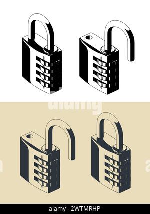 Illustrazioni vettoriali stilizzate del lucchetto a combinazione Illustrazione Vettoriale