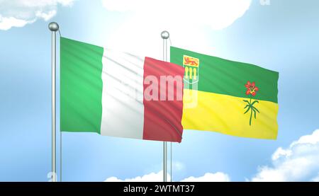 3D Flag of Italy e Saskatchewan su Blue Sky con Sun Shine Foto Stock