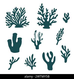 Francobollo di corallo oceanico, vettore su sfondo bianco. Mare natura, sagoma dell'oceano. Vettore Illustrazione Vettoriale