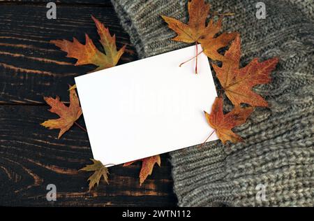 carta bianca sullo sfondo autunnale con foglie cadute e ghiande su una coperta a maglia. Foto Stock