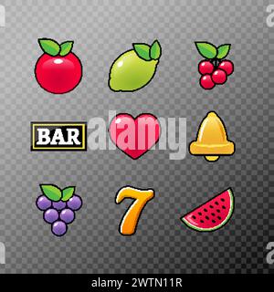 Set di icone dei simboli delle slot machine. Slot machine casinò con icone di frutta limone sette campane Illustrazione Vettoriale
