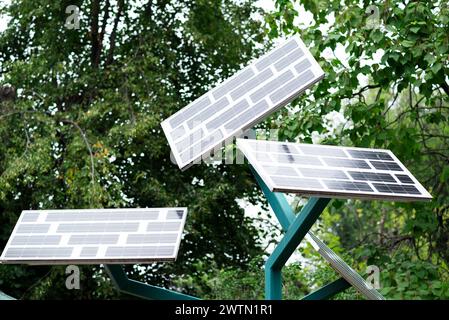 Piccolo pannello solare montato su un palo in estate con alberi verdi. Concetto di energia pulita Foto Stock