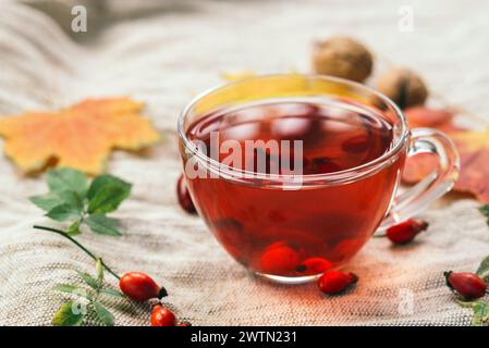 Una tazza di tè rosa all'anca con frutti di bosco freschi in una tazza di bicchiere. Sfondo vintage, messa a fuoco selettiva. Foto Stock