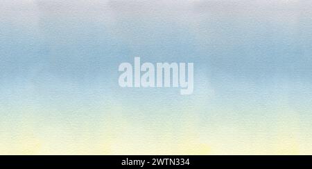 Sfondo con texture ad acquerello disegnato a mano, sfumatura dal giallo al blu. Per cielo, mare, stagno. Bordo lungo senza cuciture orizzontale. Foto Stock